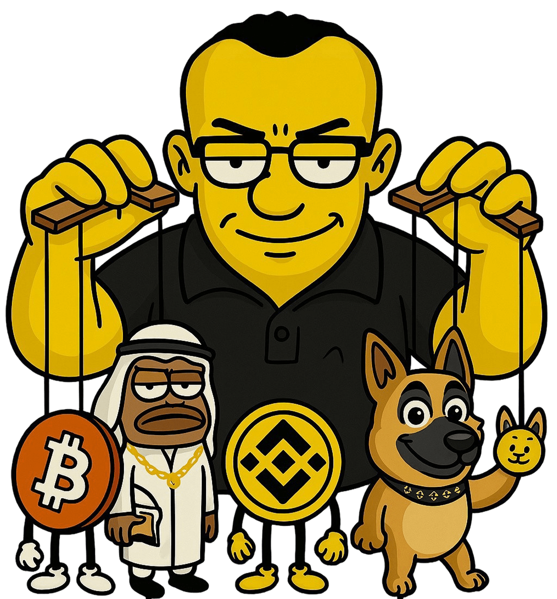 CZHomer holding crypto characters on puppet strings